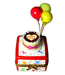 birthday cake with festive carton and balloons Limoges box