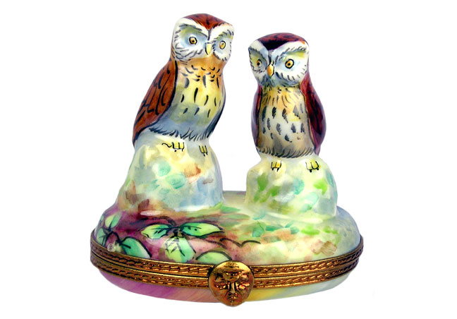 owls with nest limoges box