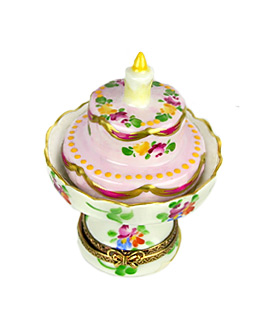 Limoges box two layer birthday cake on pedestal stand