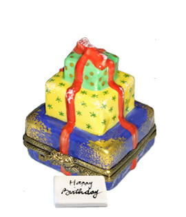 Limoges box stack of colorful birthdy presents with card