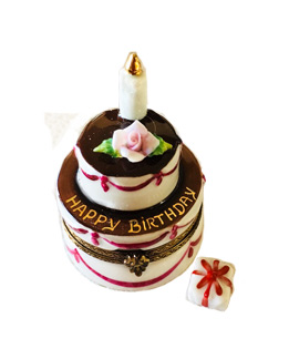 Limoges box two tier chocolate birthday cake with rose and candle