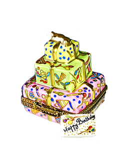 stack of gifts with birthday card Limoges box