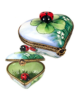 Limoges box heart with ladybug and clover