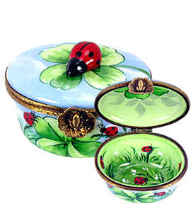 Limoges box ovl with ladybugs and clover