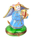 angel cat playing harp in blue robe Limoges box
