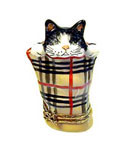 bkack and white cat in plaid bag Limoges box
