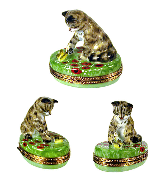 Limoges box tabby cat reaching for butterfly
