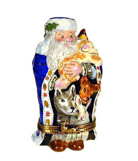 Limoges box Rochard Santa in blue robe with animals