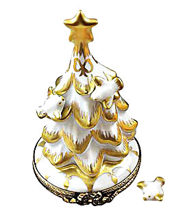 Rochard white and gold Cristmas tree with doves Limoges box and removable procelain dove