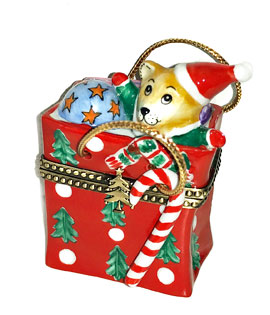 Limoges box holiday bag with Teddy, gifts and candy cane