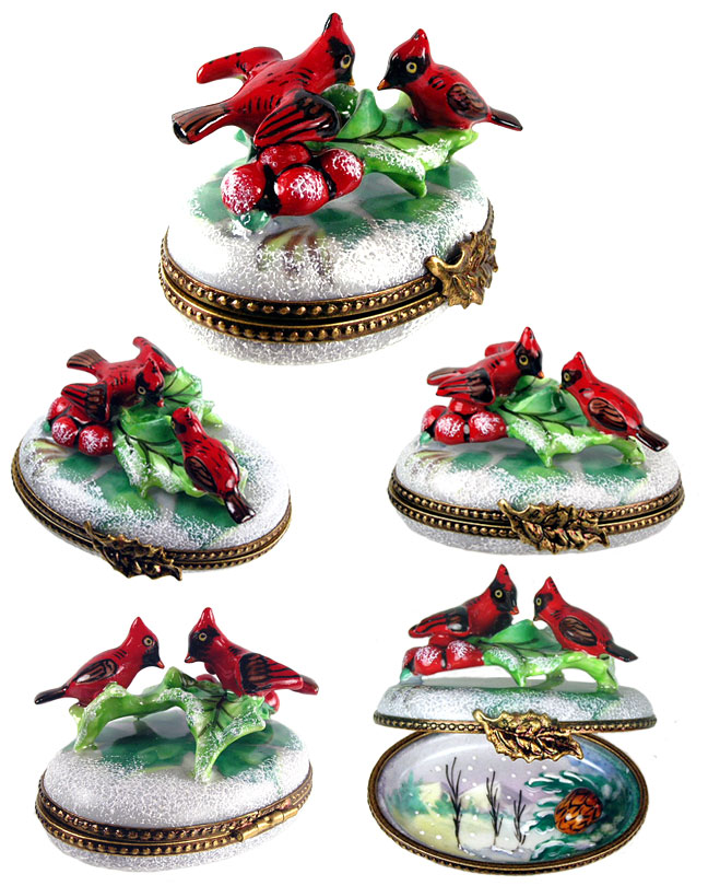 Limoges box pair of Cardinals in snow with holly, inside painting and porcelain pinecone