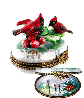 Limoges box cardinals in snow with holly and inside painting