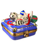 cat playing with Christmas ornaments Limoges box