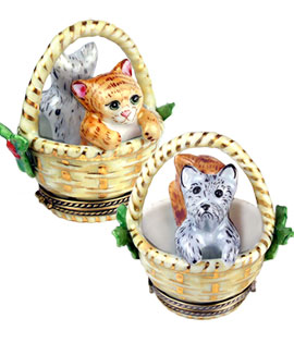 Christmas basket with kitten and puppy Limoges box