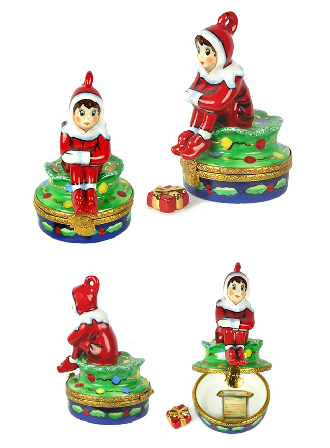 Rochard sitting elf in red on Christmas Limoges box with gift