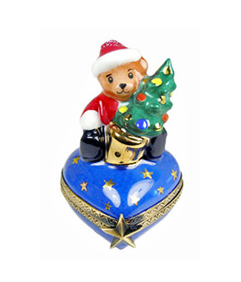 Limoges box Teddy on small heart with tree - First Christmas