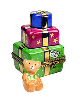 Limoges boxstack of gifts with teddy