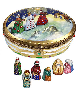 Magi bringing gifts Limoges box with Nativity figures