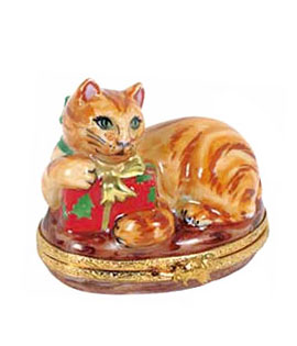 Artoria Limoges box orange cat with Christmas gift