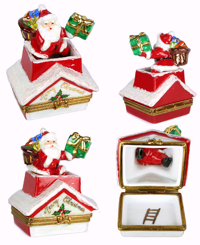 Santa going down chimney with presents Limoges box