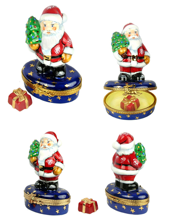 Santa holding Christmas tree Limoges box with gift inside