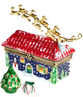 Limoges box rancher house with metal Santa sleigh