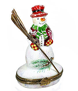 Limoges box snowman with wire broom