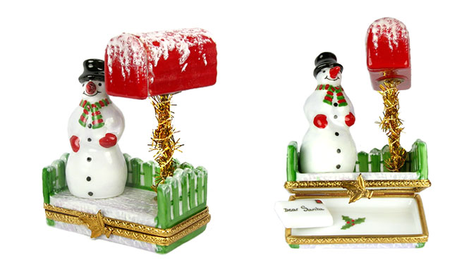 Limoges box lower picture snowman at mailbox with letter
