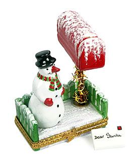 Limoges box snowman at mail box with Christmas letter