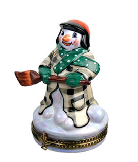 snowman in plaid coat with broom Limoges box