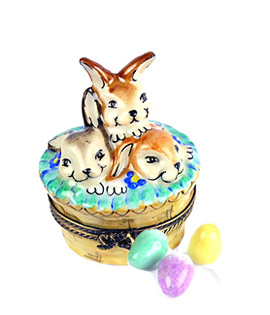 Limoges box basket of bunnies with colored eggs