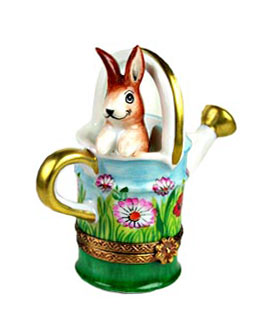 Limoges box bunny in flowered watering can
