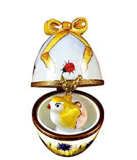 chick hatching in floral Limoges box egg with bow