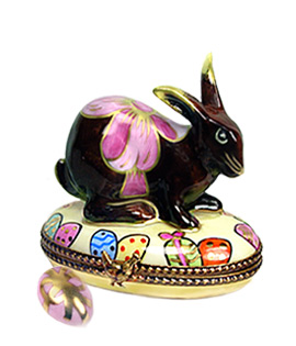 Limoges box Chocolate bunny with pink bow and egg 
