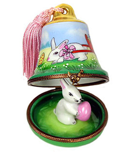 Limoges box Easter bell with tassel and bunny with egg inside