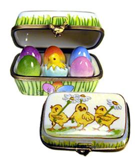 Rochard Limoges box carton of colored Easter eggs with chick
