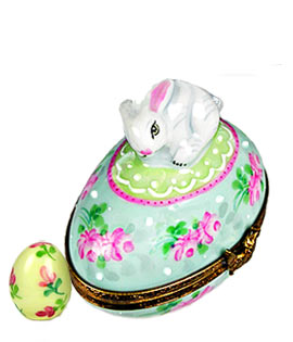 Limoges box bunny on floral egg with matching inside small egg