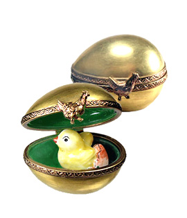 small gold egg with hatching chick Limoges box