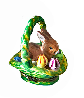 brown bunny with eggs in green Limoges box basket