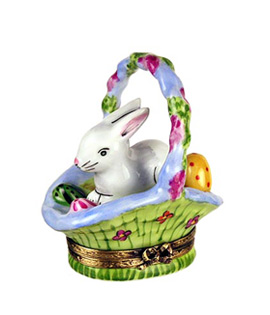 Limoges box white bunny in blue flowered basket