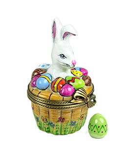 white rabbit in basket of decorated eggs Limoges box