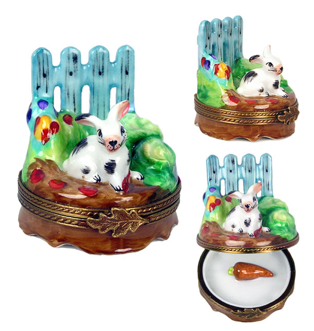 rabbit by garden fence Limoges box