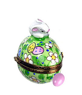 Limoges box bunny on flowered egg with removable pink egg from Rochard