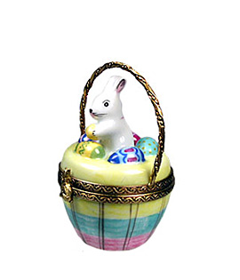 Limoges box bunny in rainbow stripe basket