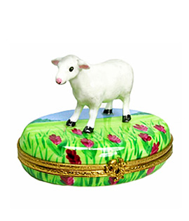 Limoges box lamb standing in field