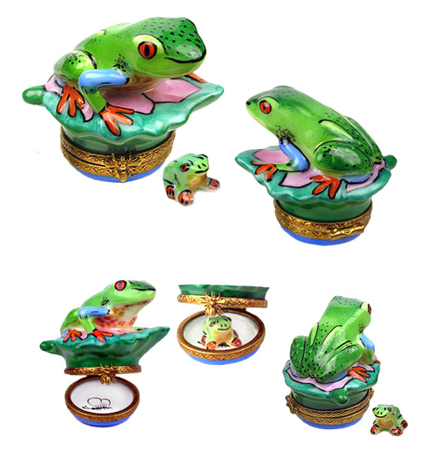 Limoges box frog on leaf with baby