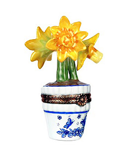 daffodils in blue and white pot Limoges box