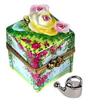 Limoges  box cube with roses and wisteria, watercan inside