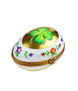 classic egg shape Limoges box wth shamrock and flowers