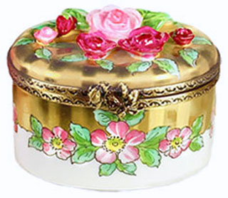 classic gold stripes Limoges box with roses